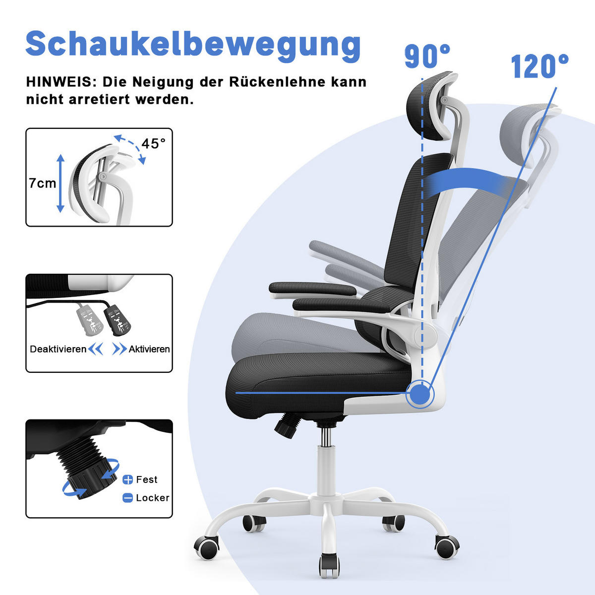 COMPUTERSTUHL drehbar, Wippfunktion – Weiß - Weiß, Metall (54/127/54cm) - Rattantree
