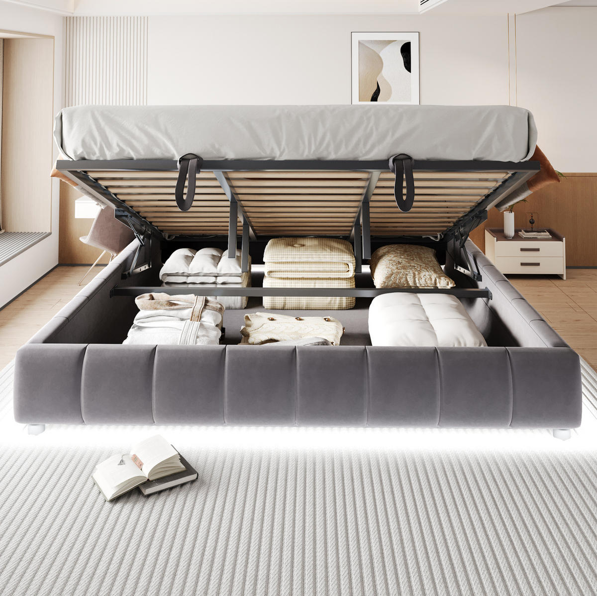 POLSTERBETT 180/200 cm aus Flanell mit LED-Lichtleiste, hydraulischem Stauraum und Metallrahmen, Grau - Grau, Textil (180/200cm) - Redom