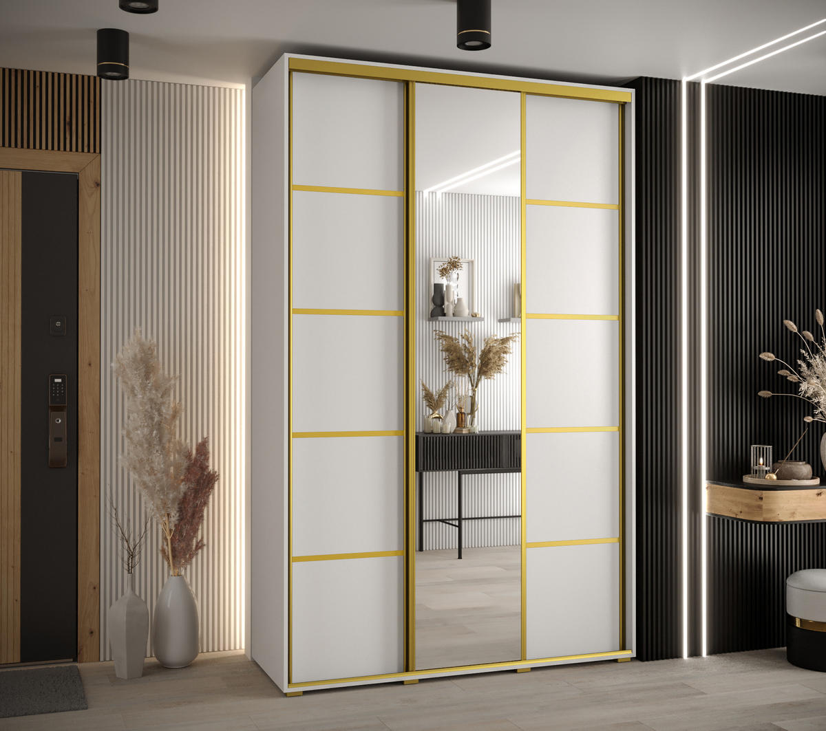 SCHWEBETÜRENSCHRANK 235,2/160/45 3-türig - Goldfarben/Weiß, Holz/Metall (160/235/45cm) - Abiks Möbel
