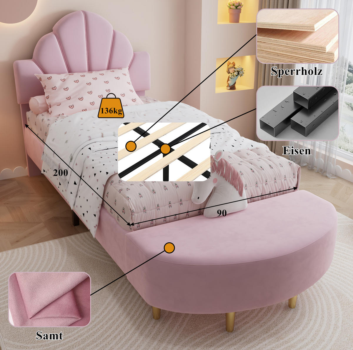 POLSTERBETT 90/200 cm aus Samt mit Bettbank und Antikollisionskante, Rosa - Rosa, Textil (90/200cm) - Redom