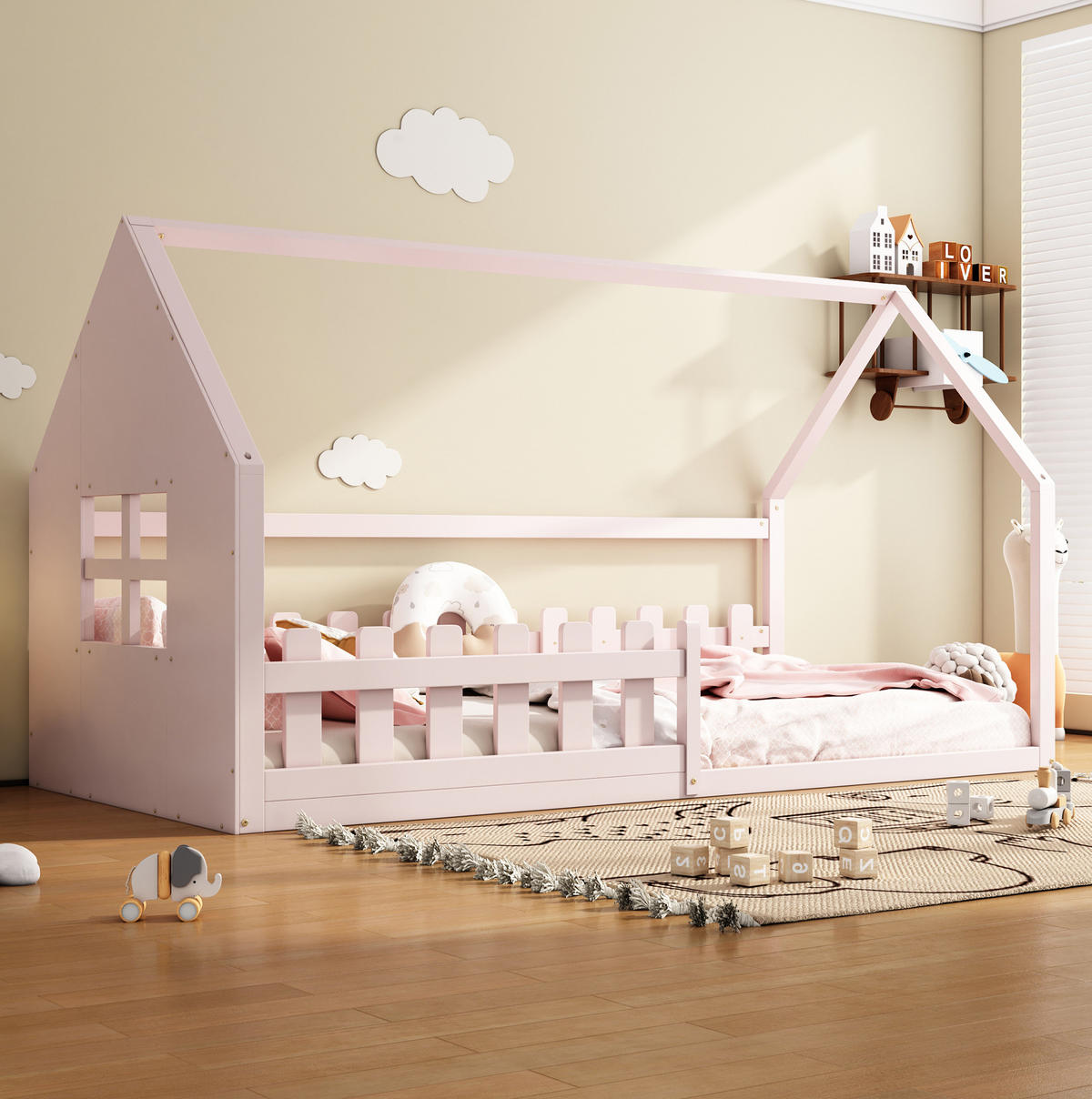 KINDERBETT 90/200 cm in Hausform aus Kiefer und MDF – Rosa - Rosa, Holz (90/200cm) - BEAOK