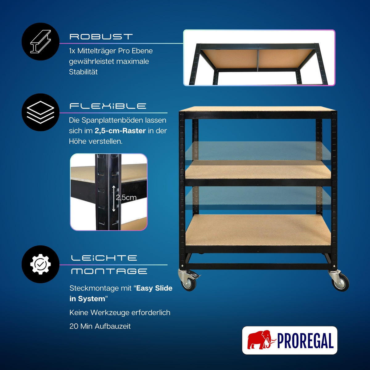 KOMMISSIONIERWAGEN BÜFFEL, 100x90x50cm, 3 Ebenen, Fachlast 50kg, 2X Lenkrollen & 2X Lenkrollen mit Feststellbremse, Schwarz - Schwarz, Metall (90/100/50cm) - PROREGAL