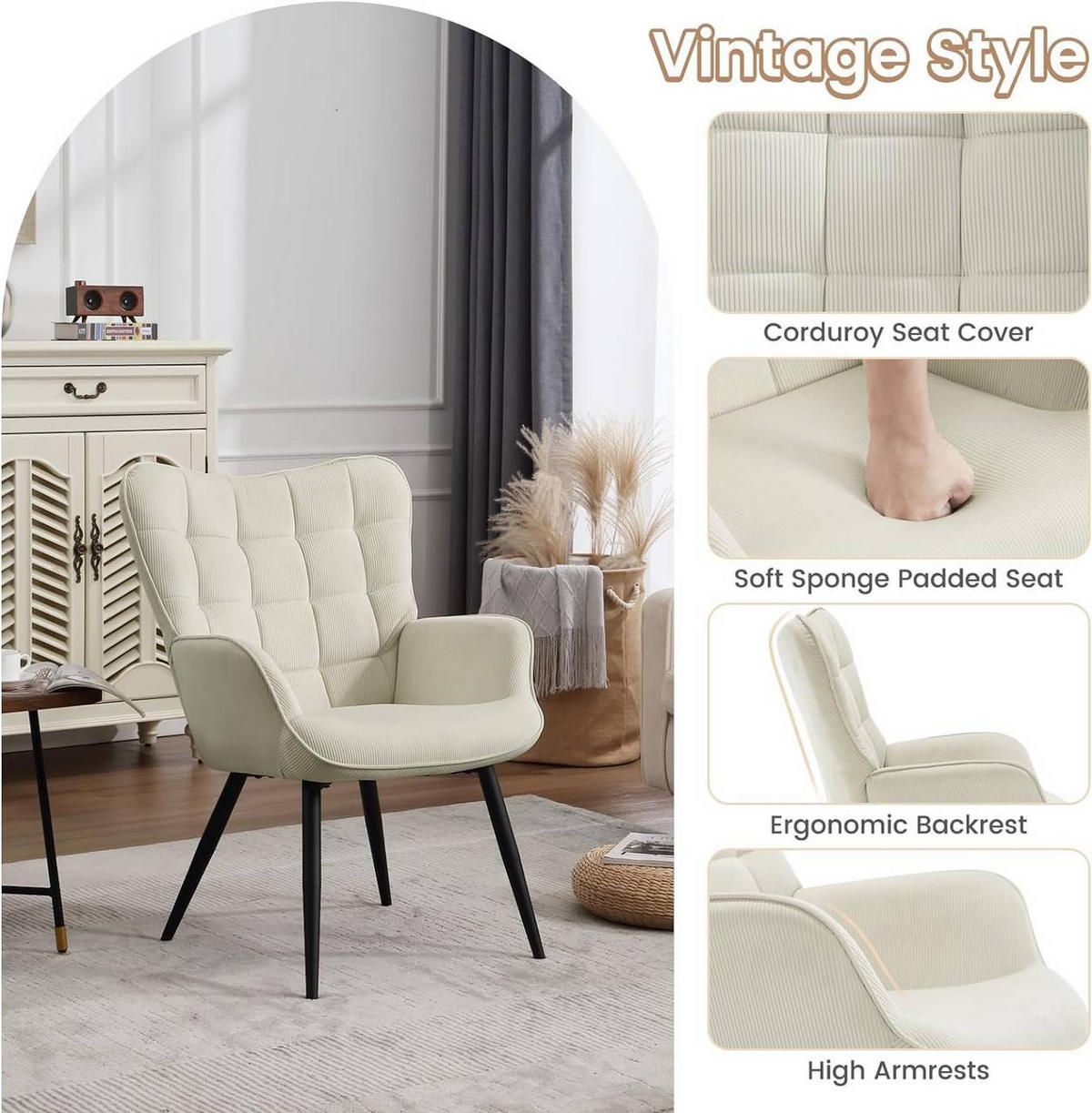 RELAXSESSEL mit Cordbezug , Metallbeine, Cremeweiß - Creme/Schwarz, Textil/Metall (63.5/87/68cm) - Woltu