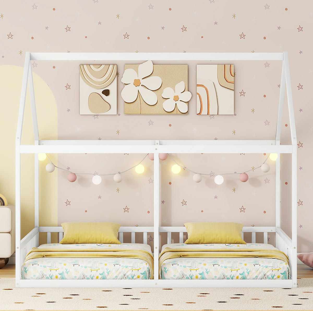 HAUSBETT 90/200 cm in Weiß – 2 Einzelbetten 90/200 cm mit Dach - Weiß, Holz (90/200cm) - BEAOK