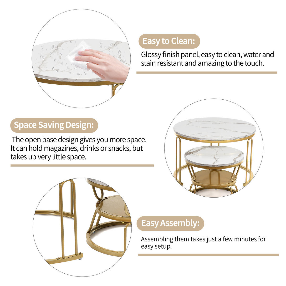 COUCHTISCH 2er Set rund schiebbar Marmoroptik Metall gold weiß - Weiß, Holz (45/70/44.2cm) - LEBENLANG