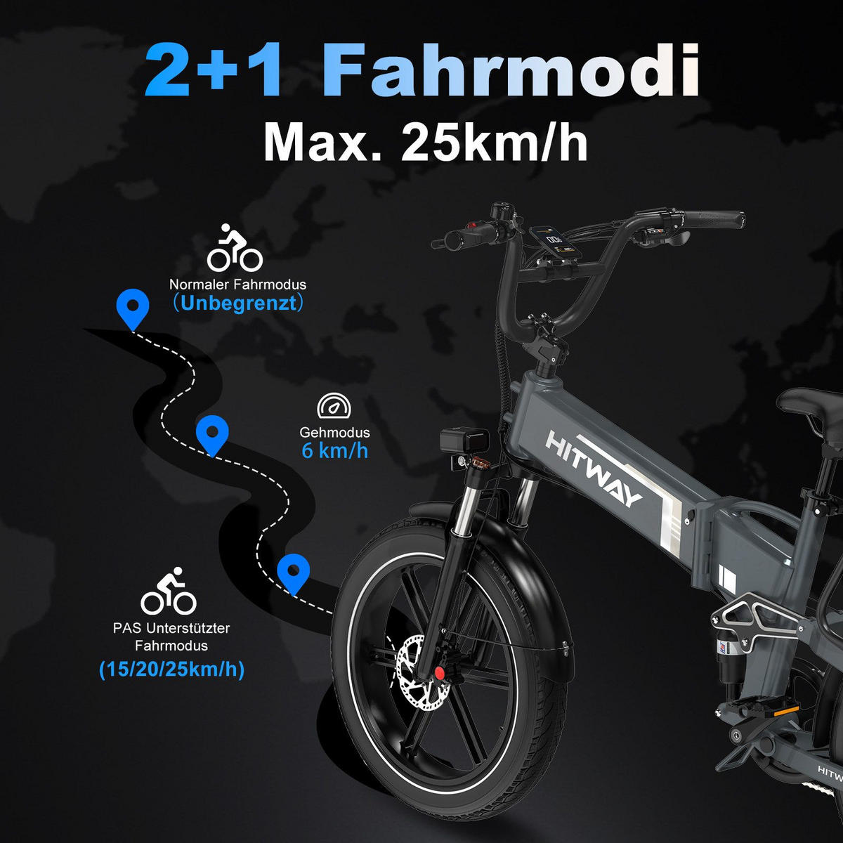 E-BIKE Klapprad BK10Pro 20"×4.0", 48V/15Ah, 7-Gang, Aluminiumrahmen - Grau, Metall (38cm) - HITWAY