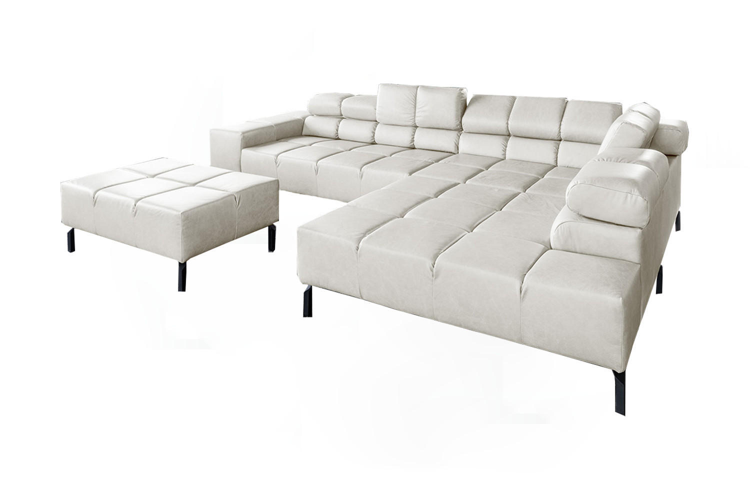 ECKSOFA NELSON Hellgrau Leder - Hellgrau/Schwarz, Leder/Metall (321/216cm) - KAWOLA