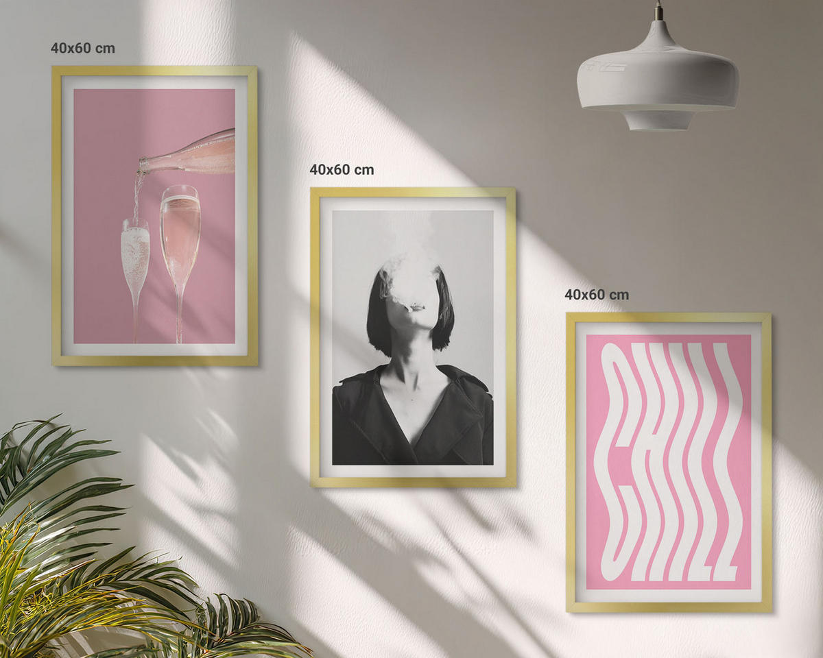 WANDBILDER 3er Set - 40x60 cm Goldrahmen - Stilvolles Porträt, Champagner-Entspannung - Goldfarben, Kunststoff (40/60cm) - ArtPrintCave