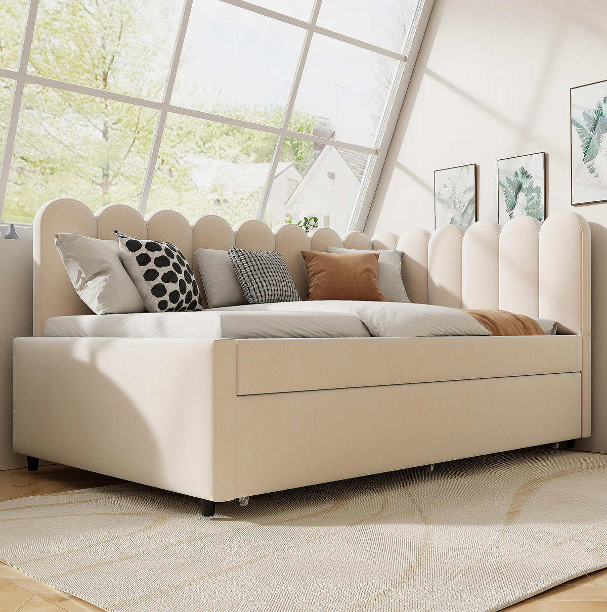 POLSTERBETT 140/200 cm aus Samt mit Ausziehbett in L-Form Beige - Beige, Textil (140/200cm) - Modenvie
