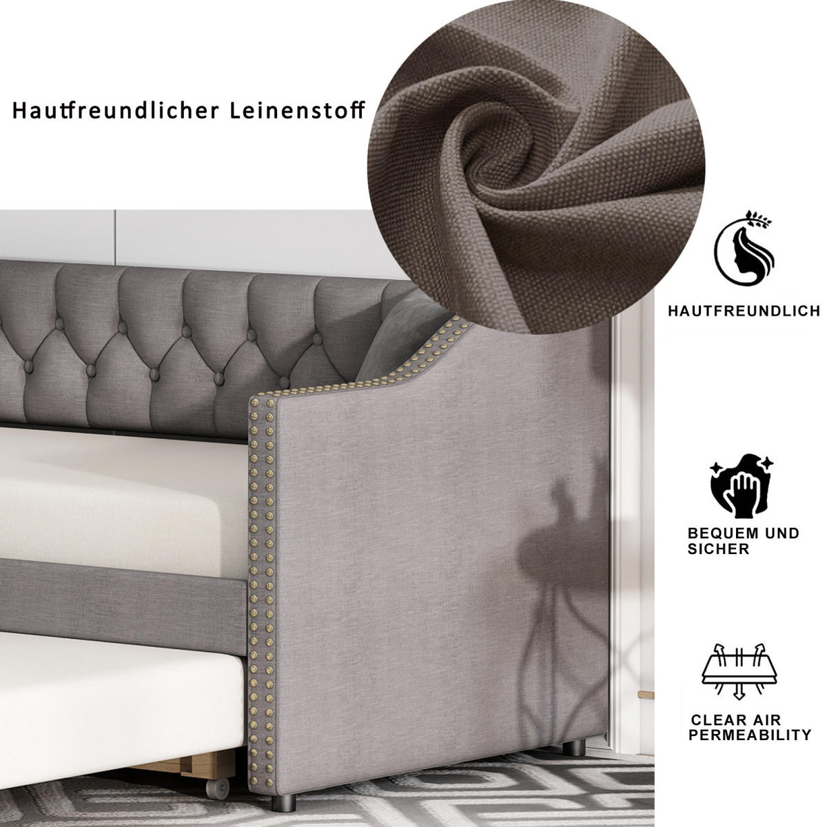 POLSTERBETT 90x200 cm, Grau, Tagesbett, Schlafsofa, mit 2 Schubladen - Grau, Textil/Metall (90/200cm)