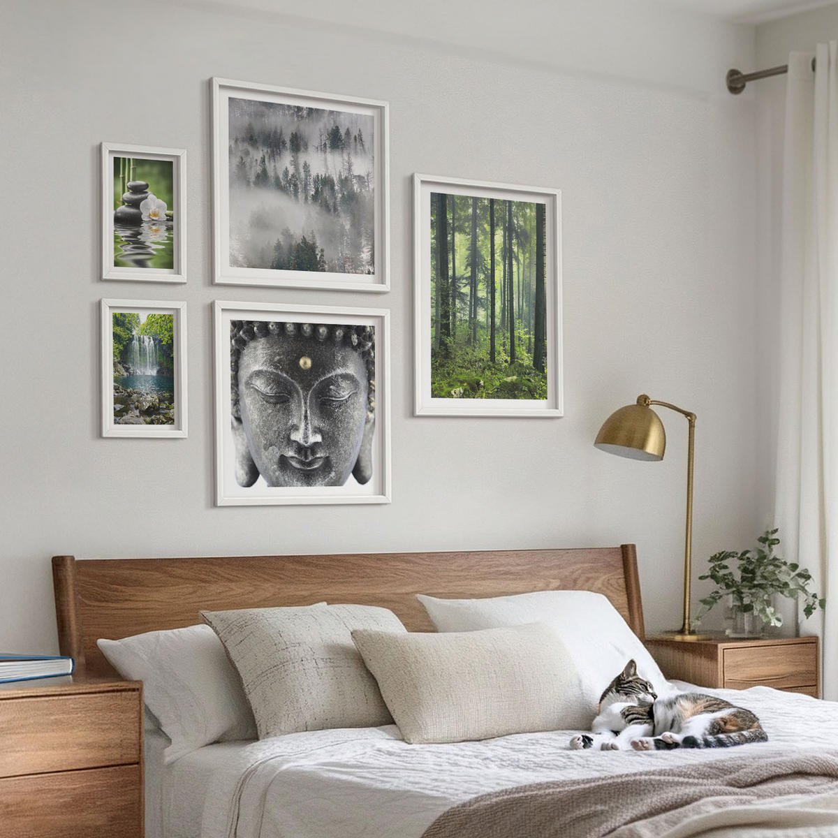 WANDBILDER 5er-Set - 50x50 cm & 20x30 cm & 40x60 cm Weißer Rahmen - Harmonie der Natur, Steine, Wasser, Buddha - Weiß, Kunststoff (40/60cm) - ArtPrintCave