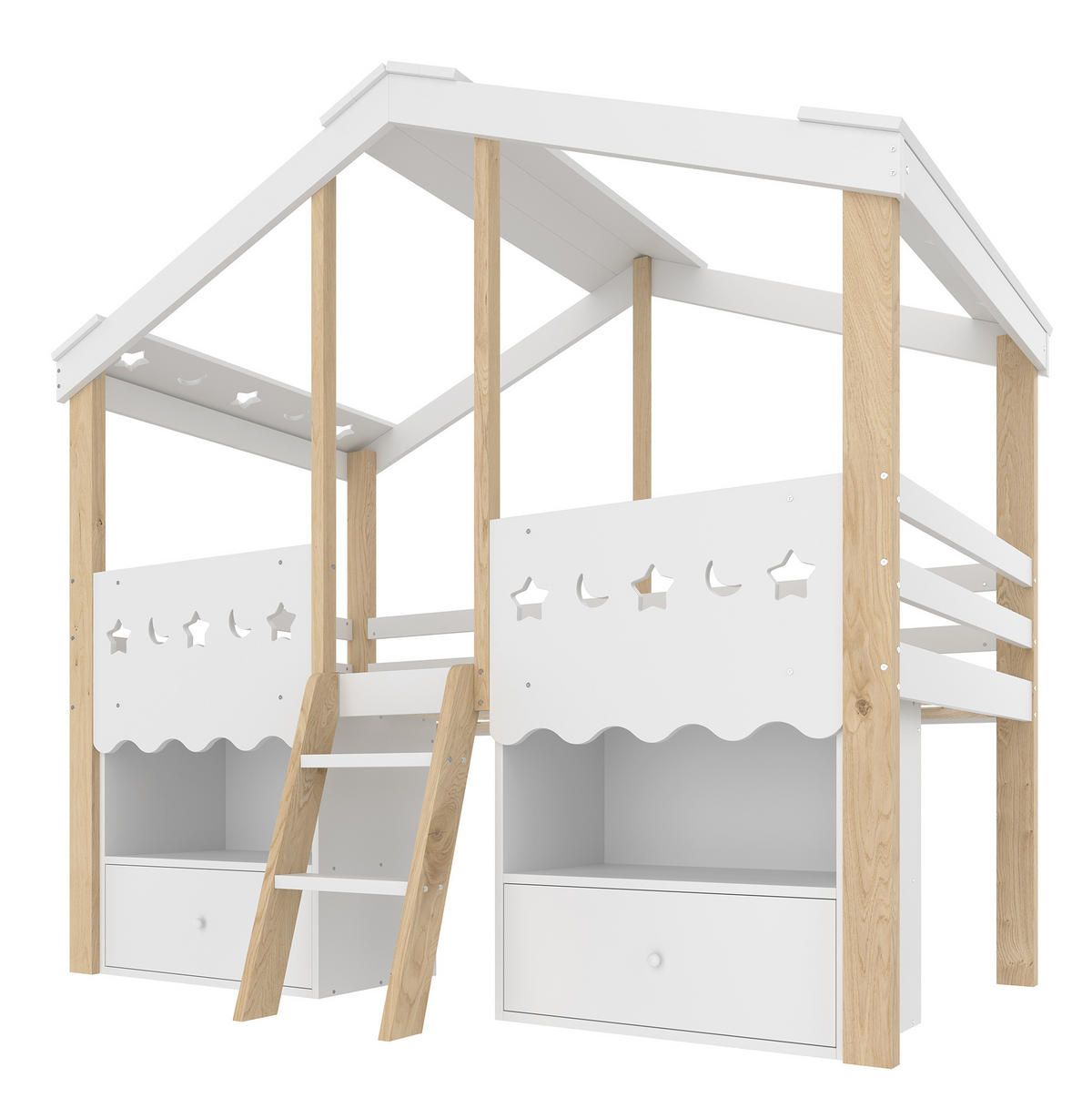 HALBHOHES BETT Hausform 90/200 cm, Weiß/Natur mit LED und Stauraum - Weiß, Holz (90/200cm) - MIVRAY