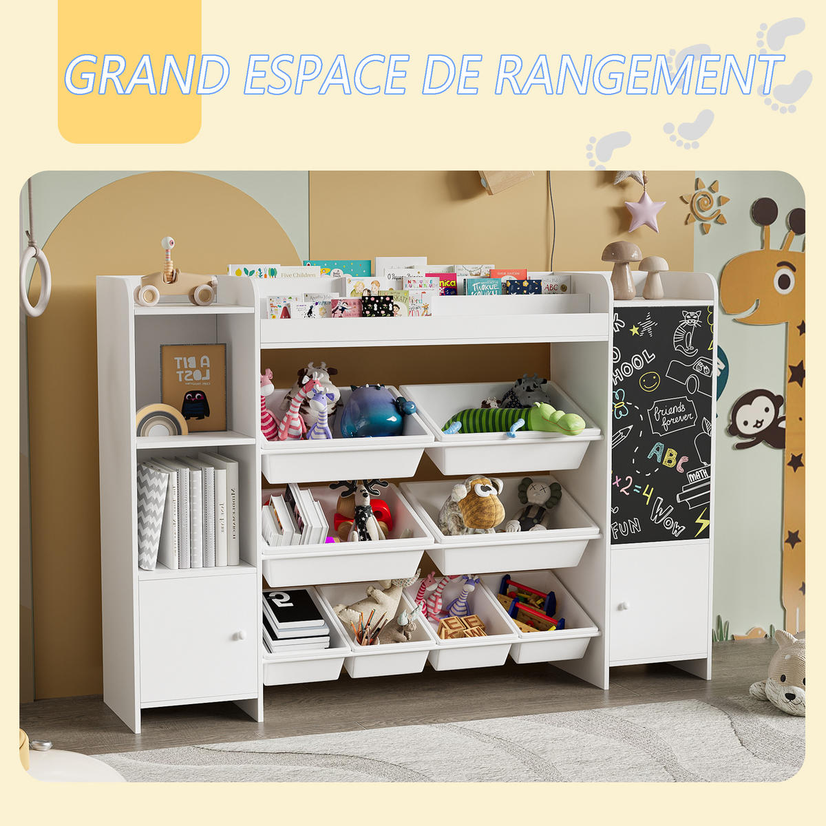BÜCHERREGAL Kinder, 4 Ebenen, 5 Fächer, 8 abnehmbare Boxen, Schlafzimmer/Spielzimmer, weiß - Weiß, Holz (137/94.5/30cm) - EuroLiving