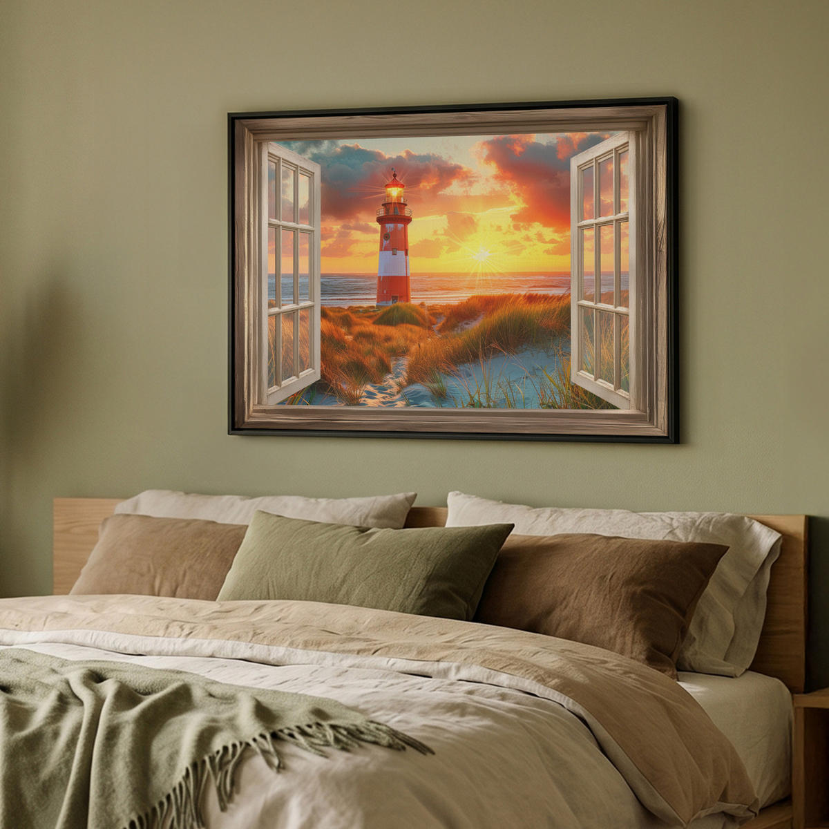 LEINWAND Bilder mit Rahmen - Aussicht - Fenster - Leuchtturm - Sonnenuntergang - Strand - 100x70 - Dunkelorange, Textil (100/70cm) - MuchoWow
