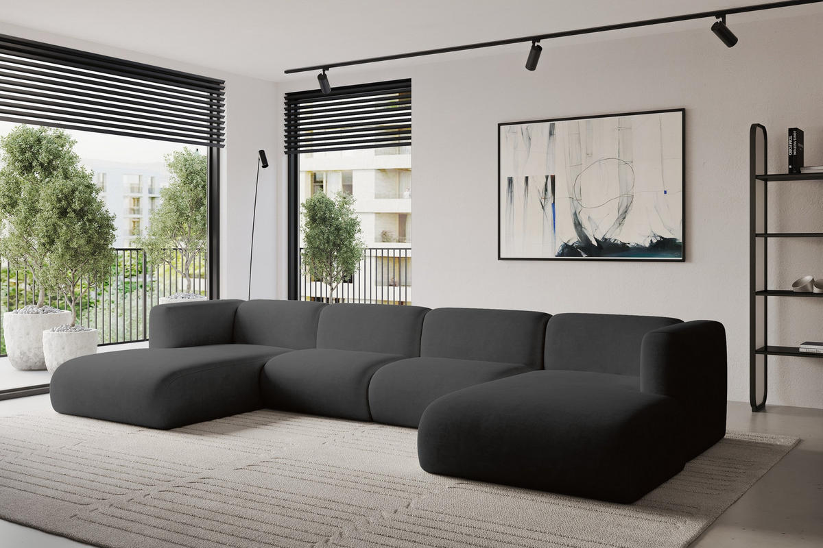 WOHNLANDSCHAFT MIRA-U2 408x179x70 Schwarz Velours - Anthrazit/Schwarz, Holzwerkstoff/Kunststoff (408/70/179cm) - ALTDECOR