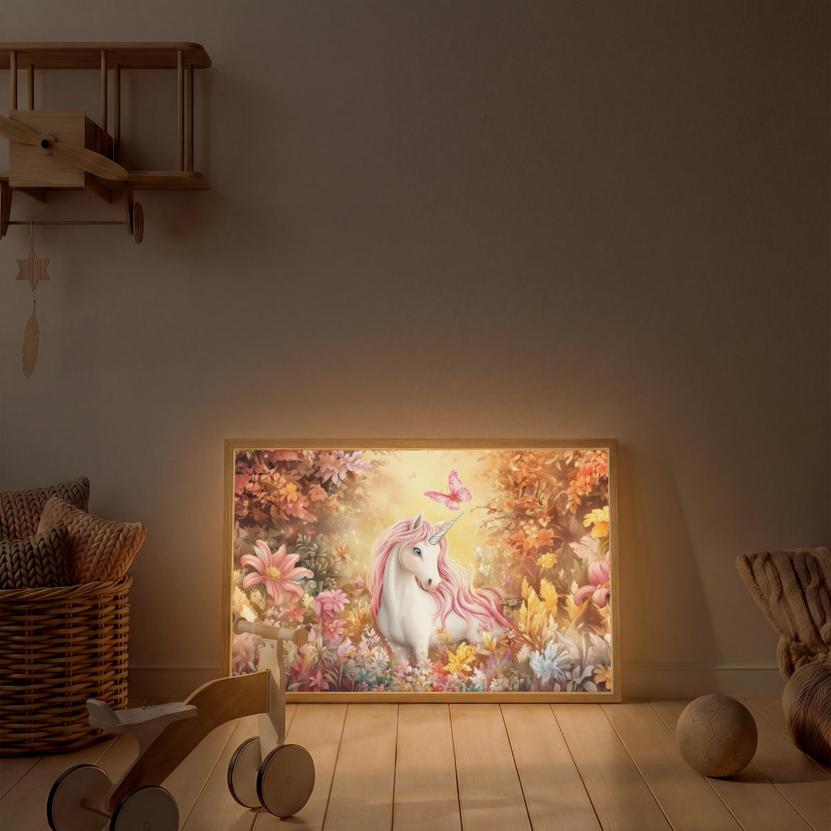 DOBÍJECÍ NOČNÍ LAMPIČKA Jednorožec - Květiny - Motýl - Růžová 100x70 cm - béžová, kompozitní dřevo (8/100/70cm) - OnlyWow