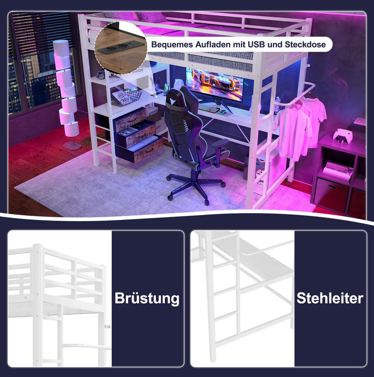 HOCHBETT 90/200 cm, Weiß mit Schreibtisch, Ambientelicht, 3 Schubladen - Weiß, Metall (90/200cm) - MIVRAY