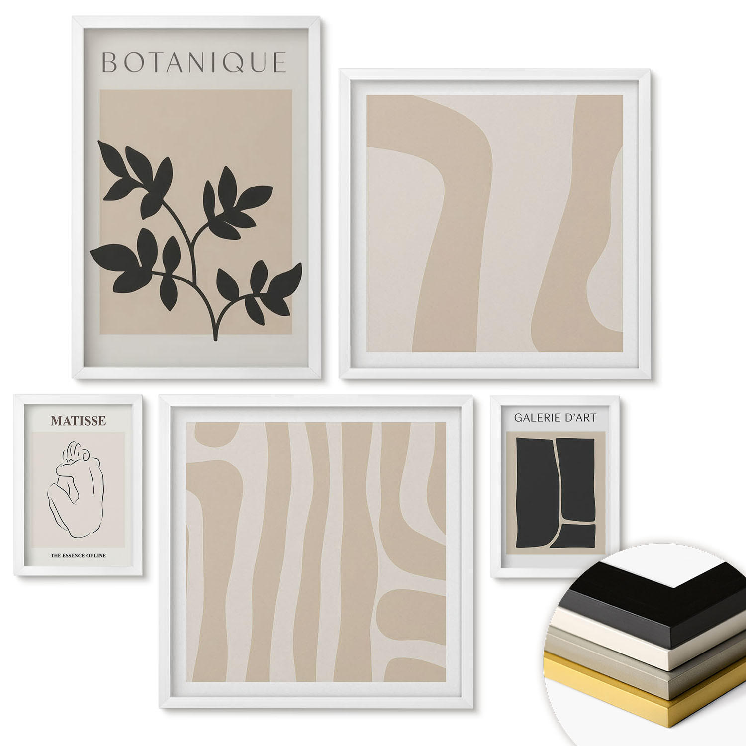 WANDBILDER 5er-Set - 50x50 cm & 20x30 cm & 40x60 cm Weißer Rahmen - Abstrakte Pflanzenmotive - Weiß, Kunststoff (40/60cm) - ArtPrintCave