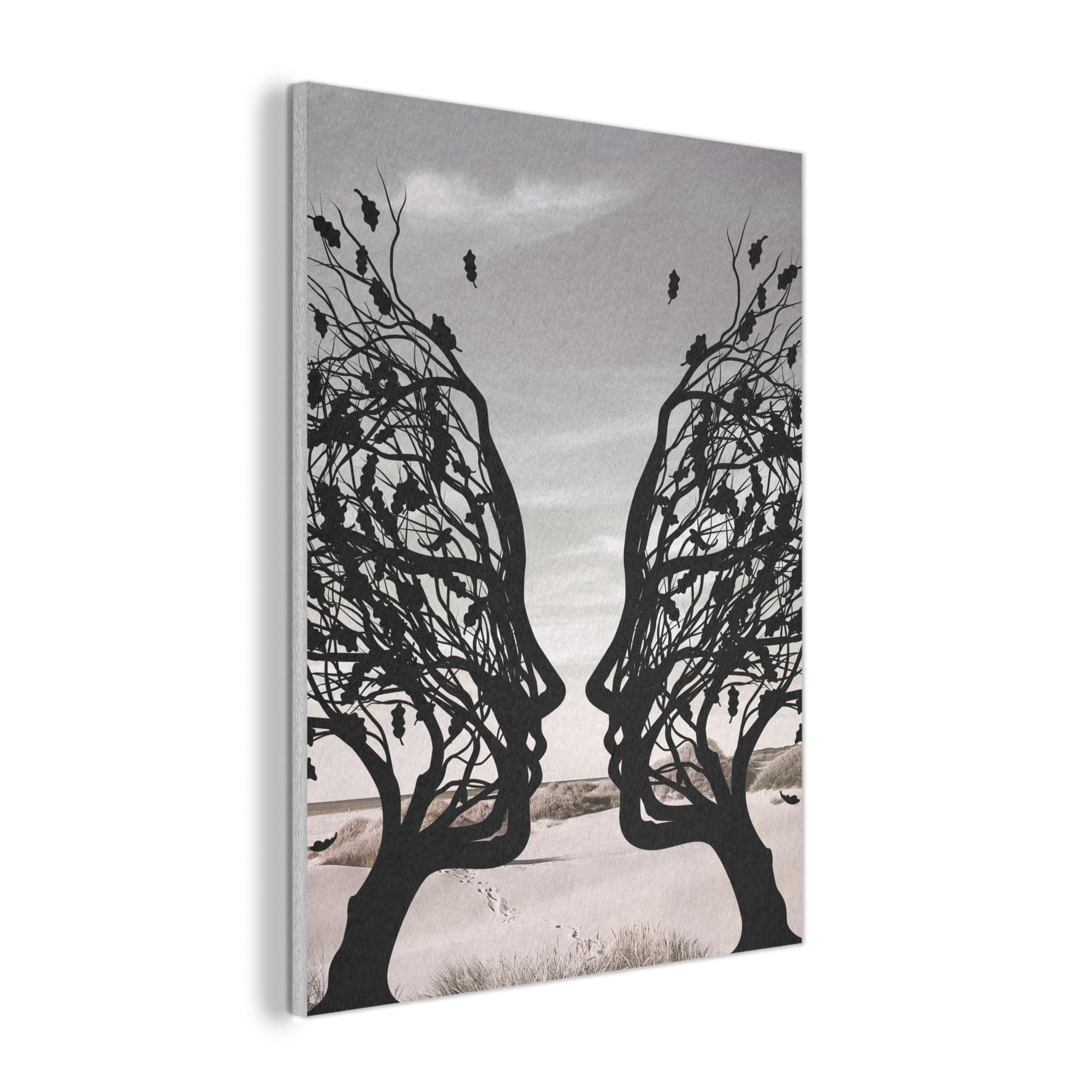 AKUSTIKPANEEL Strand - Meer - Menschen - Baum - Moderne Kunst 60x80 cm - Hellgrau, Textil (60/0.9/80cm) - MuchoWow