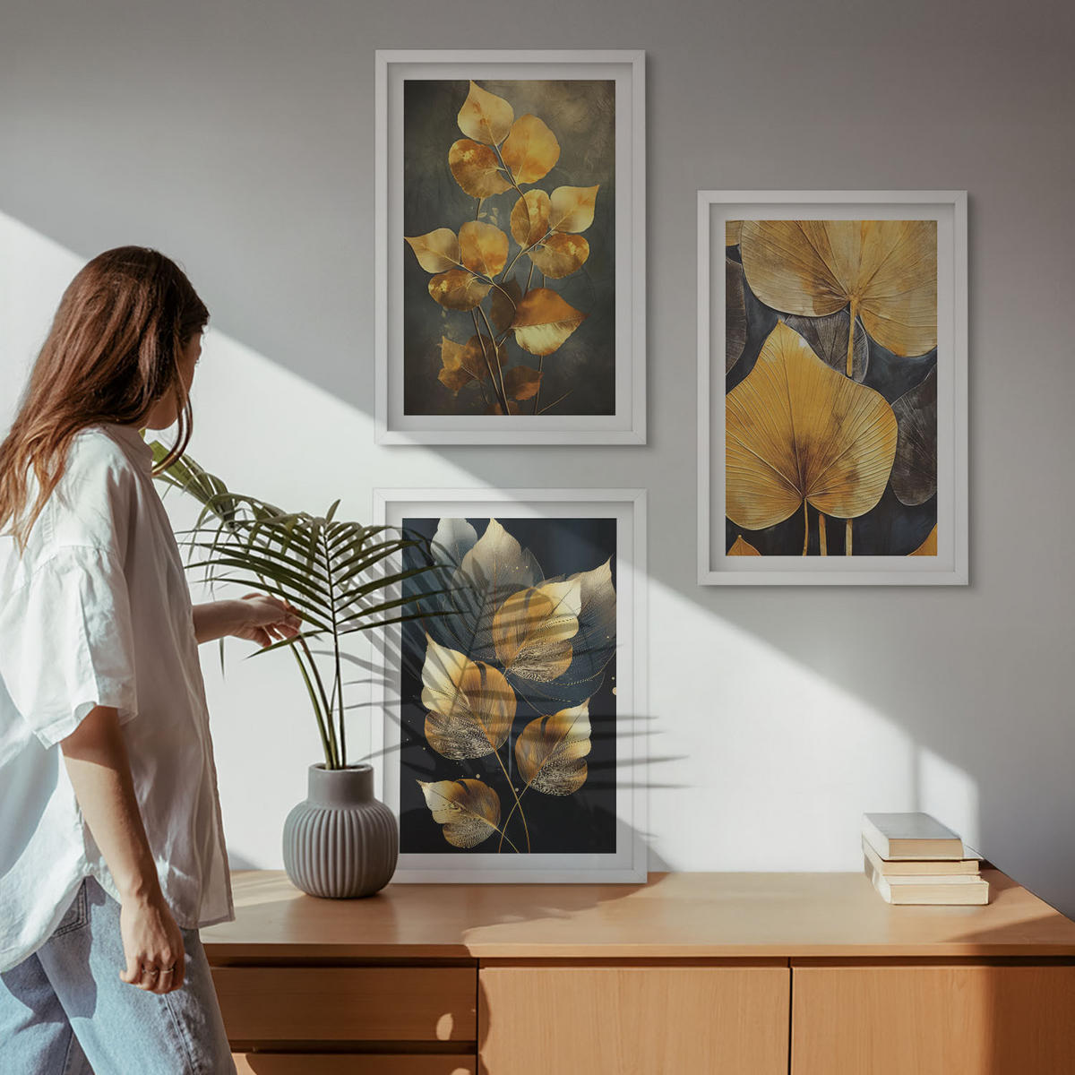BILDER SET 3er Set - 40x60 cm Weißer Rahmen - Gelbe Blätter auf dunklem Hintergrund - Weiß, Kunststoff (40/60cm) - TULUP
