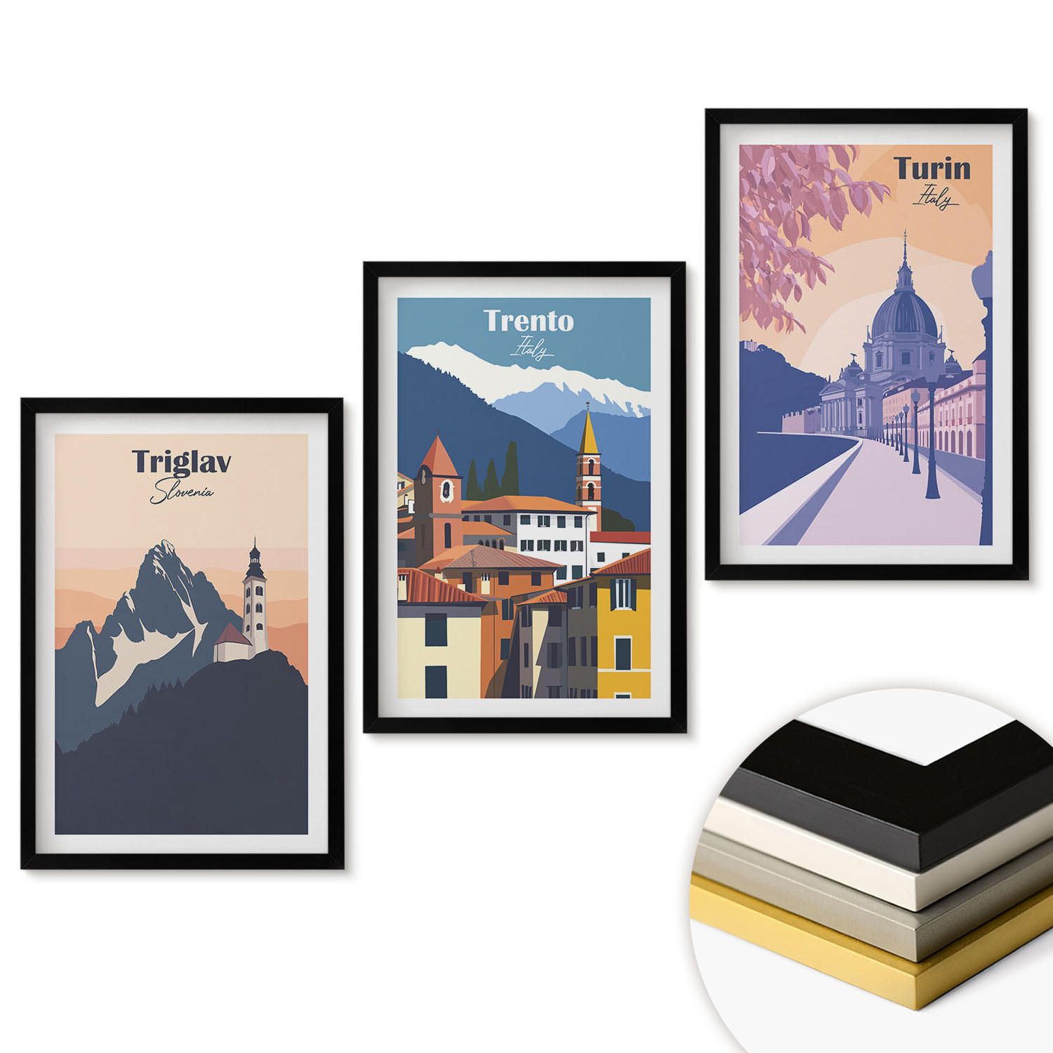 WANDBILDER 3er-Set - 40x60 cm Schwarzer Rahmen - Retro-Illustrationen zur Bergarchitektur - Schwarz, Kunststoff (40/60cm) - ArtPrintCave