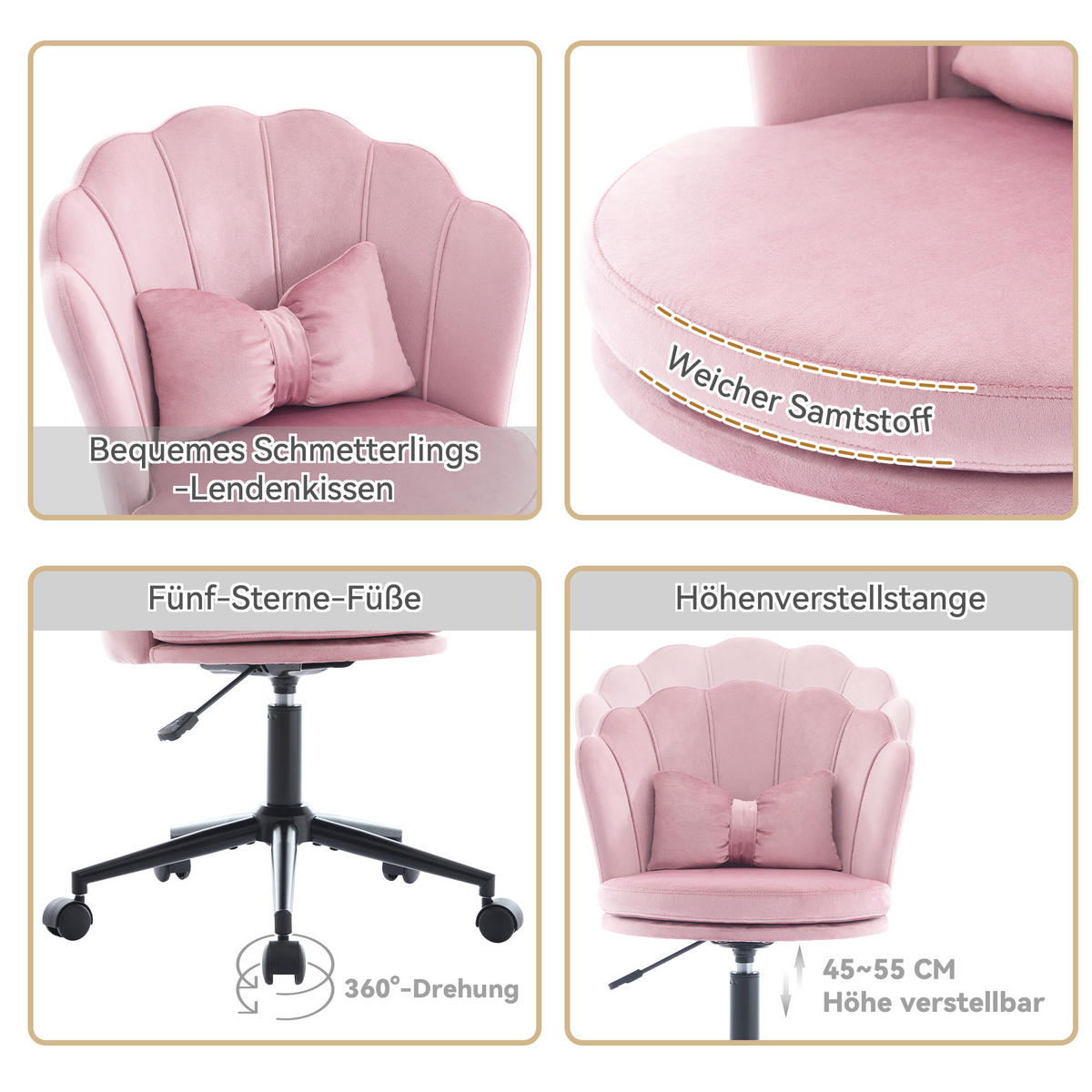 DREHSTUHL Höhenverstellbar,Samt,Rosa - Pink, Textil (62/73/55cm) - Kaket