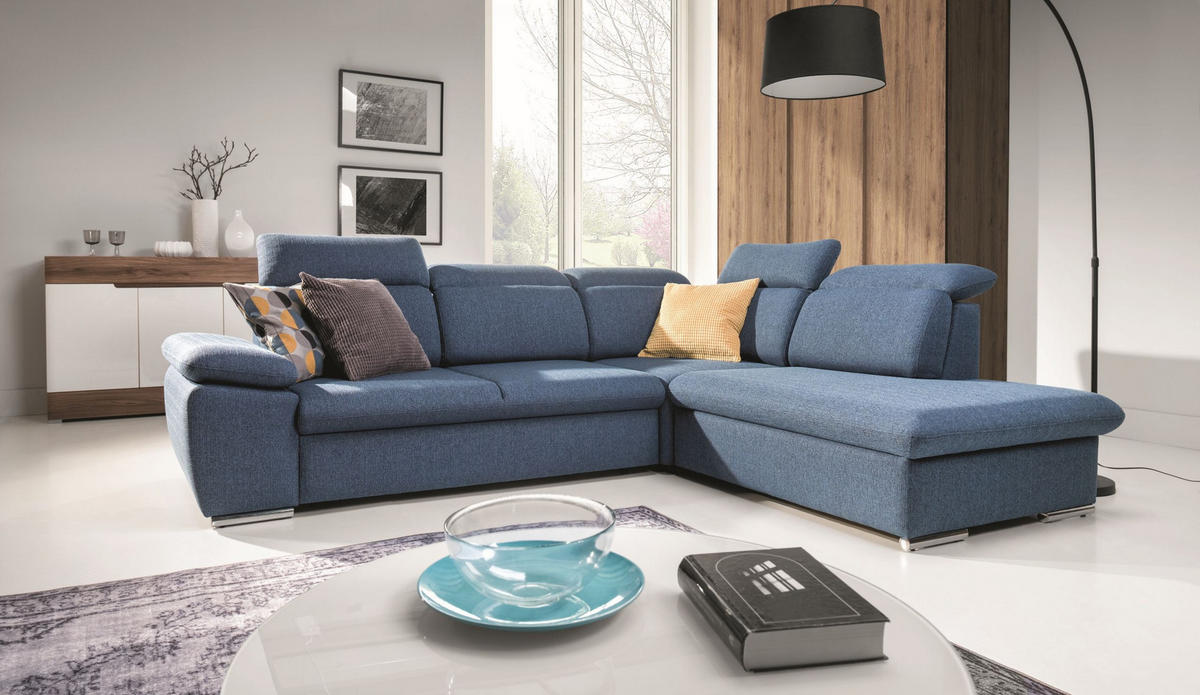 ECKSOFA ROSSI Blau Plüsch-Stoff mit Schlaffunktion - Blau, Holz (280/230cm) - MASSENO