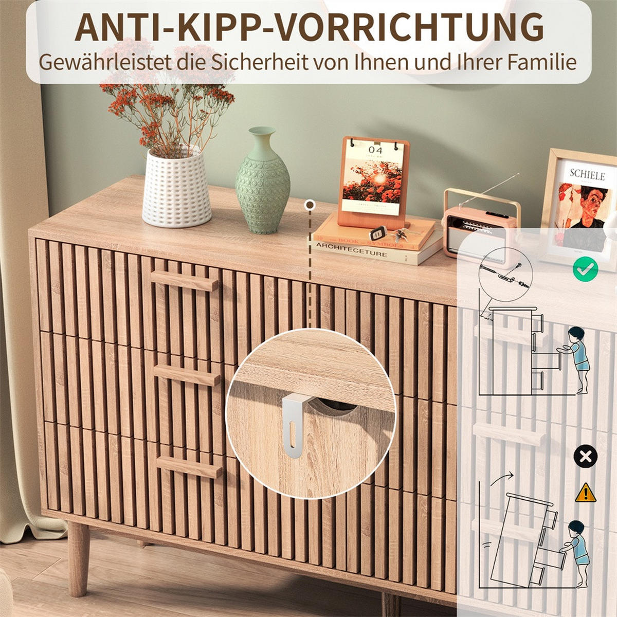 KOMMODE mit 6 Schubladen - gerillte Fronten und konische Beine - für Wohnzimmer und Schlafzimmer - Eichefarben, Holzwerkstoff (100/73/34cm) - DELFA