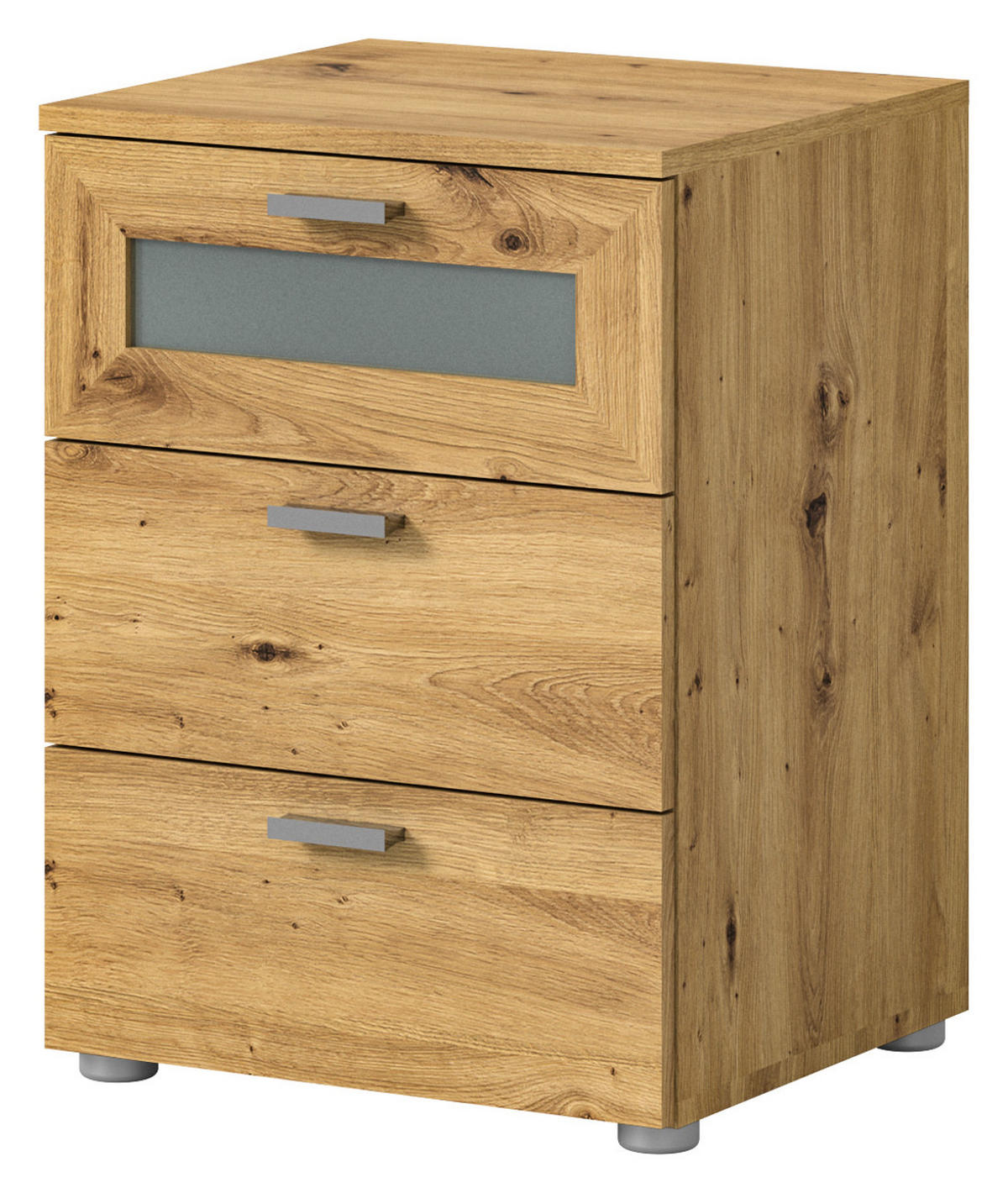 NACHTTISCH Eiche Artisan Komforthöhe 60 cm, 3x Schublade mit Vollauszug - Silberfarben/Eiche Artisan, Glas/Holzwerkstoff (45/60/40cm) - Inn.Furn
