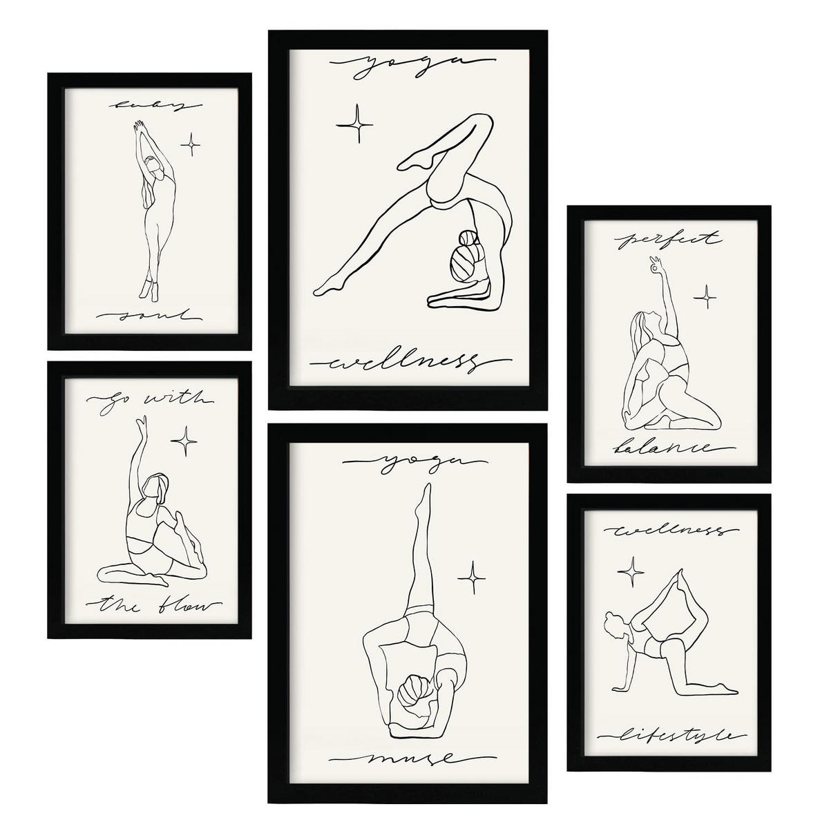 POSTER Set Mit 6 Yoga Musen 3 A3 & A4 Schwarzer Rahmen - Schwarz, Papier (29/3cm) - Nacnic