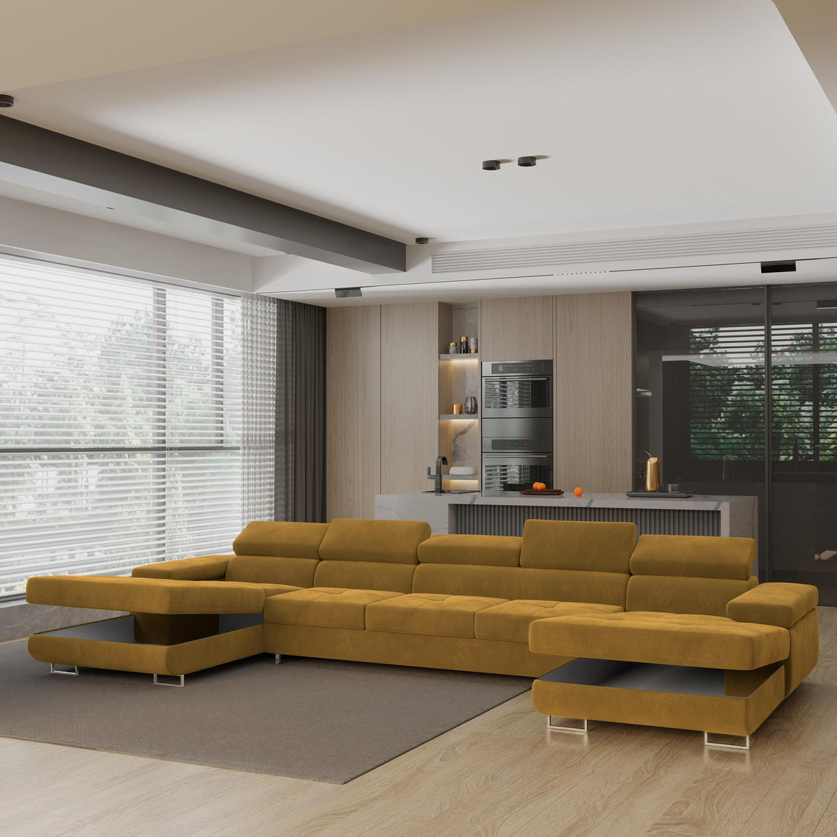 WOHNLANDSCHAFT OMBRA Gelb Velours-Stoff mit Schlaffunktion - Gelb, Holz (425/90/202cm) - MASSENO