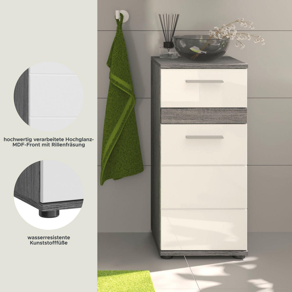 STANDSCHRANK Blake Bad in Rauchsilber Nachbildung und weiß hochglanz B/H/T: 35x79x31 cm - Silberfarben, Holz (35/79/31cm)