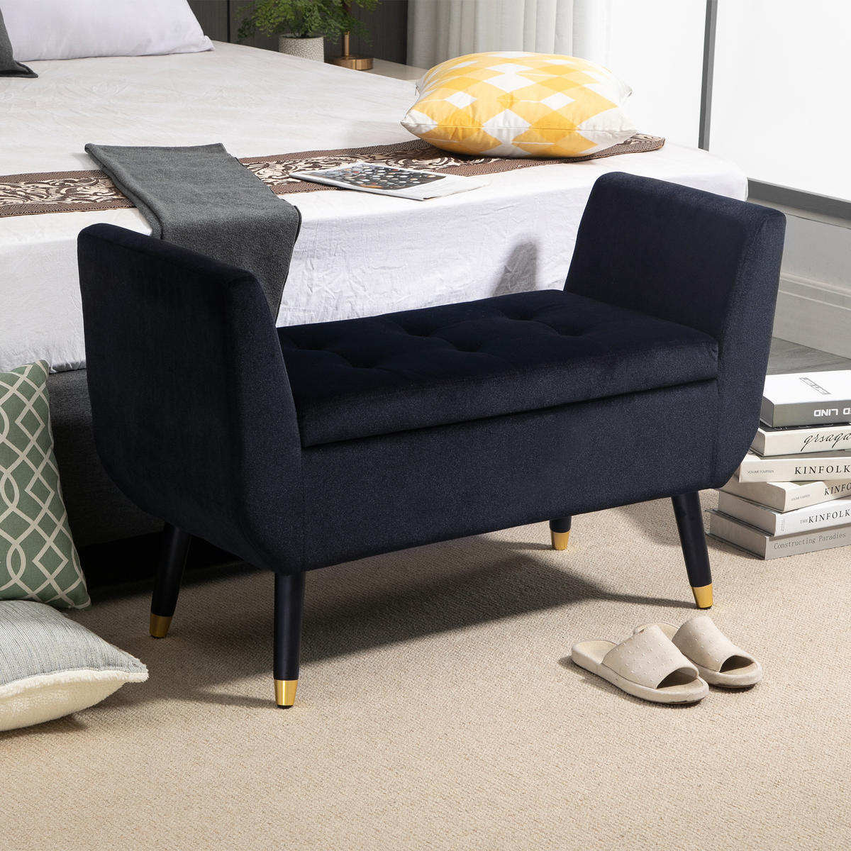 LUXUS Sitzbank Polsterbank mit Stauraum Armlehnen Polyester Holz Schwarz - Schwarz, Kunststoff (42/65/107cm) - HOMCOM