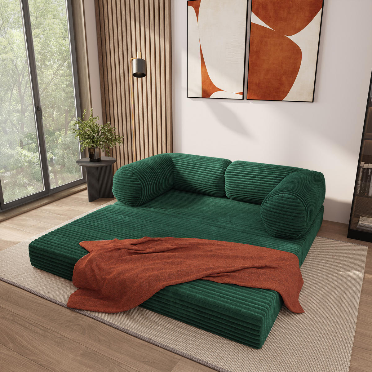 POHOVKA z pěny ALVIO s funkcí spaní Manšestrová látka Lahvově zelená - tmavě zelená/zelená barva, textil (170/68/80cm) - MASSENO
