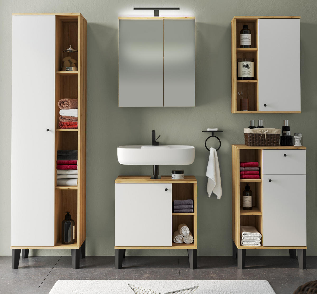 BADMÖBEL-SET 5-teilig weiß, Evoke Eiche, Badkombination 182 x 190 cm - Eichefarben/Schwarz, Glas/Holzwerkstoff (182/190/33cm) - Furn.Design