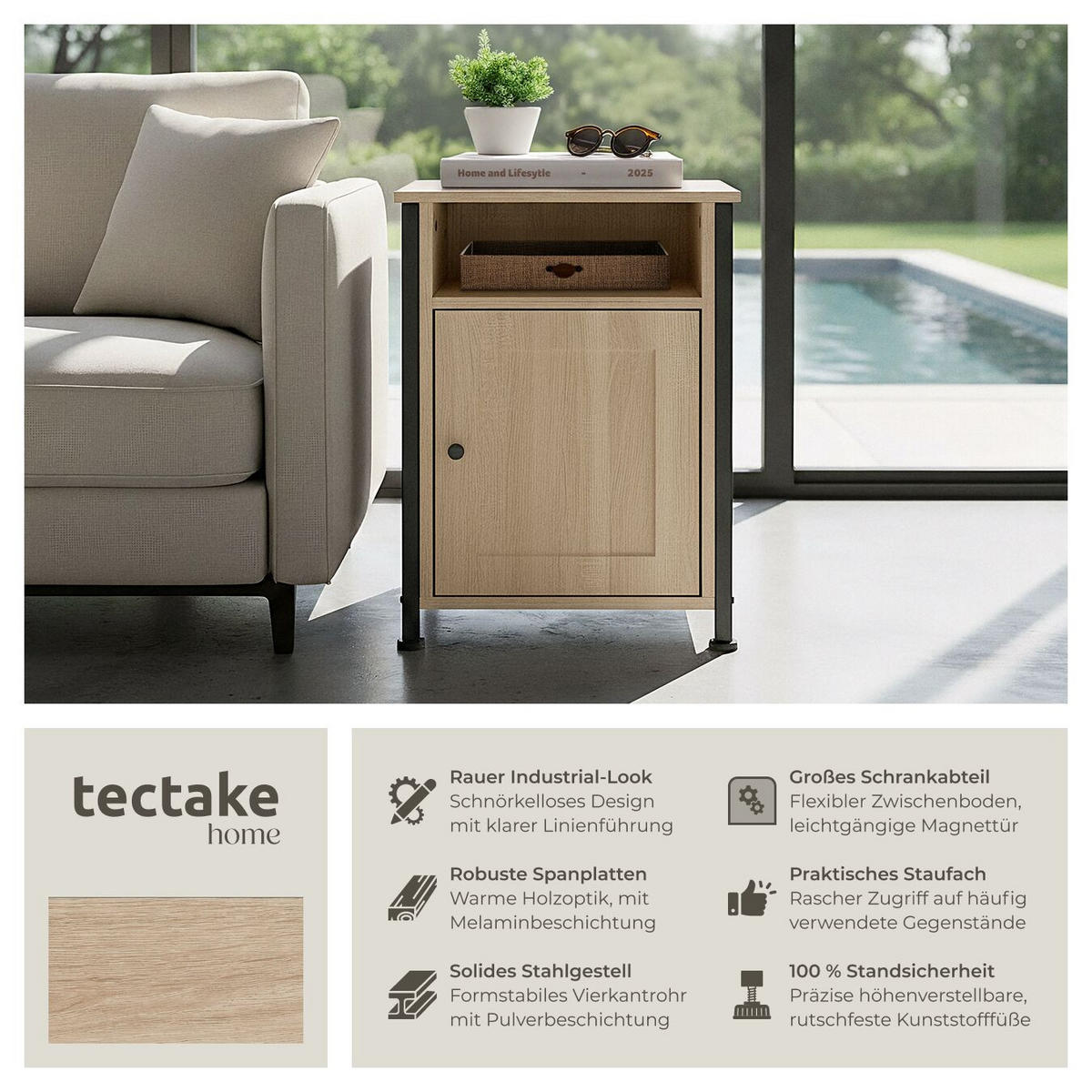 NACHTSCHRANK Blackburn,40 x 42 x 60,5 cm,Industrial Holz hell, Eiche Sonoma - Naturfarben, Holzwerkstoff (40/60.5/42cm) - tectake