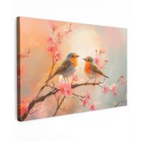 LEINWANDBILD Rotkehlchen - Zierpflanze - Blütenzweig XXL 150x100 cm - Hellrosa, Textil (150/100cm) - MuchoWow