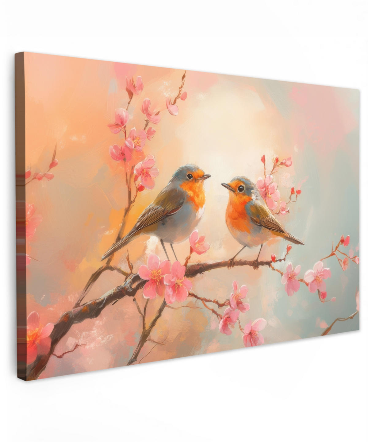LEINWANDBILD Rotkehlchen - Zierpflanze - Blütenzweig XXL 150x100 cm - Hellrosa, Textil (150/100cm) - MuchoWow
