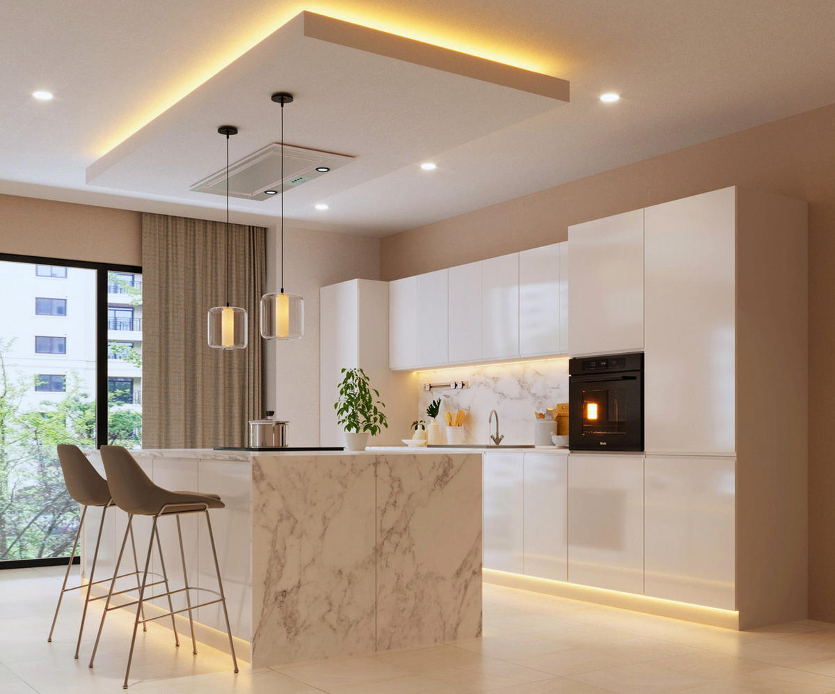 INSELKÜCHE-KÜCHENZEILE 420 cm Glanzia – KU-S13 – Weiß – Hochglanz - Weiß Hochglanz, Holzwerkstoff (420/212/60cm) - hi-markt