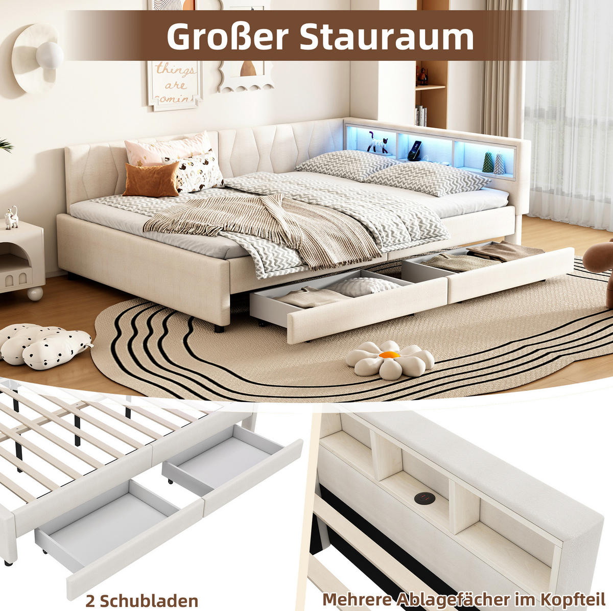 TAGESBETT 140/200 cm aus Leinen mit LED-Lichtleiste, USB-C und Schubladen Beige - Beige, Textil (140/200cm) - Modenvie