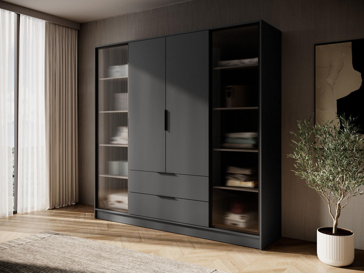 DREHTÜRENSCHRANK - Sevia Graphit – mit Vitrinen an den Seiten - Graphitfarben, Holzwerkstoff (206/200/51cm) - Möblo
