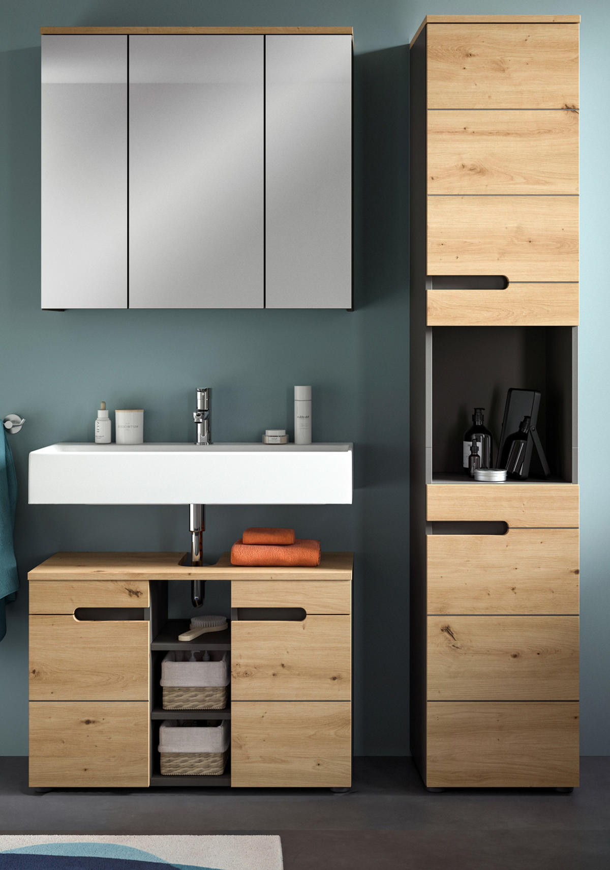 BADMÖBEL-SET Eiche, grau 3-teilig 133 cm, Komplettset mit Soft-Close - Schwarz/Eiche Artisan, Glas/Holzwerkstoff (133/193/34cm) - Inn.Furn
