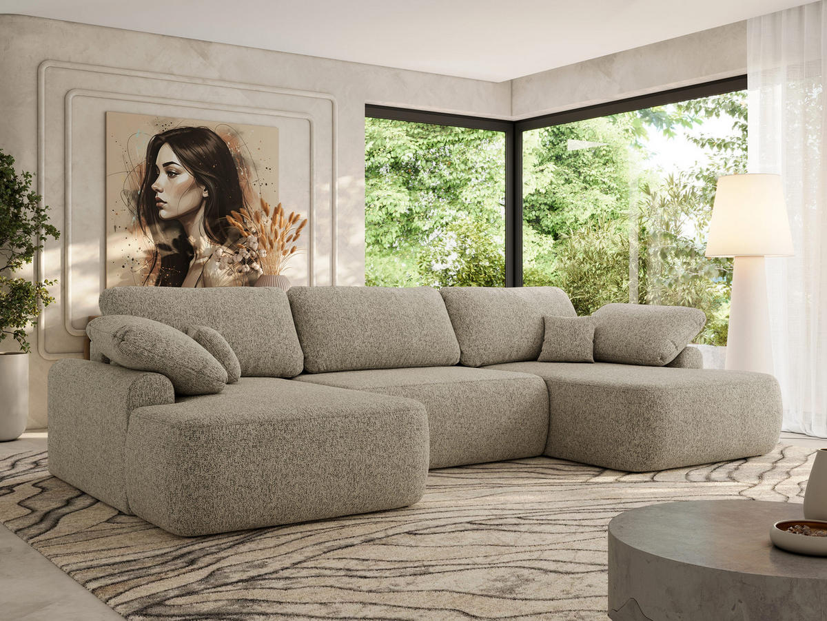 WOHNLANDSCHAFT CUBO U Dunkelbeige Struktur - Ecru/Beige, Kunststoff/Textil (370/100/187cm) - MKS