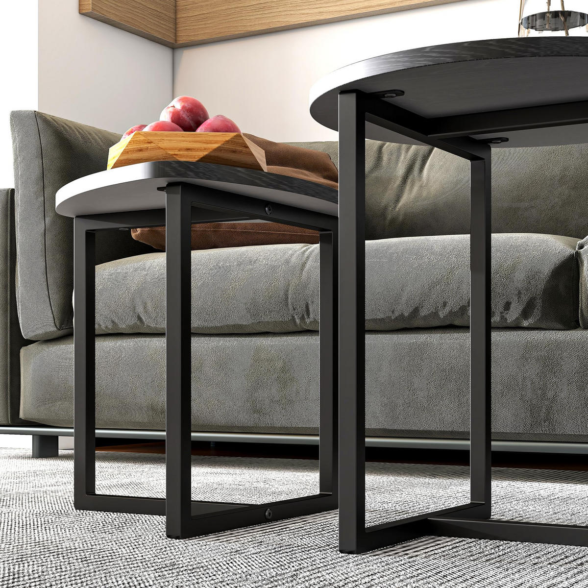 COUCHTISCH 2-tlg Rund 45x48cm Holz-Metallgestell Industrial-Design Sofatisch - Schwarz, Metall (50/48/9cm) - Raelunyi