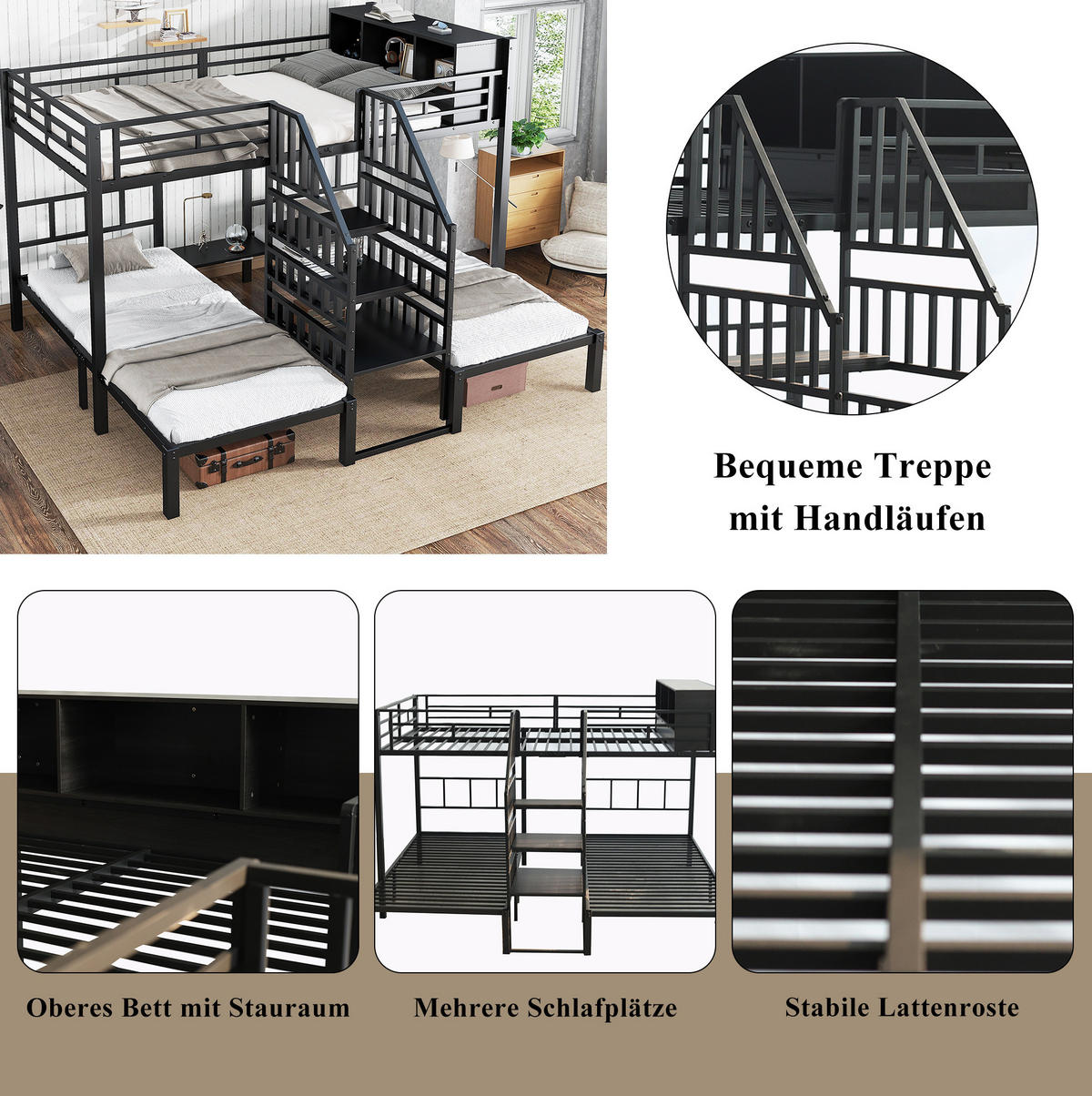 ETAGENBETT 90/200 & 140/200 cm in Schwarz mit Treppe und Stauraum - Schwarz, Metall (90/200cm) - OKMYHOME