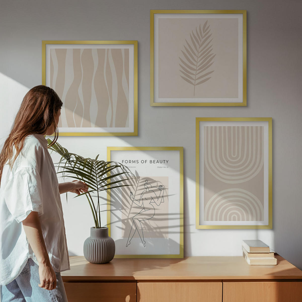 WANDBILDER 4er Set - 50x50 cm & 40x60 cm Goldrahmen - Abstrakte Boho-Dekorationen - Goldfarben, Kunststoff (50/50cm) - ArtPrintCave