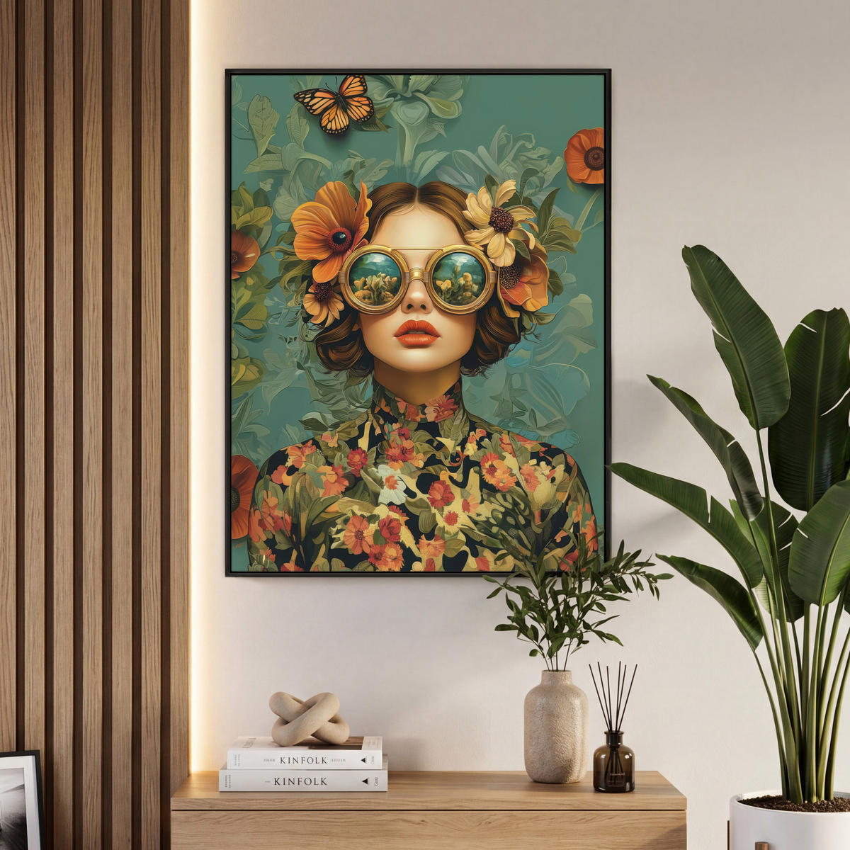 LEINWAND Bilder mit Rahmen - Frau - Blumen - Schmetterlinge - Natur - Vintage - 70x100 - Salbeigrün, Textil (70/100cm) - MuchoWow