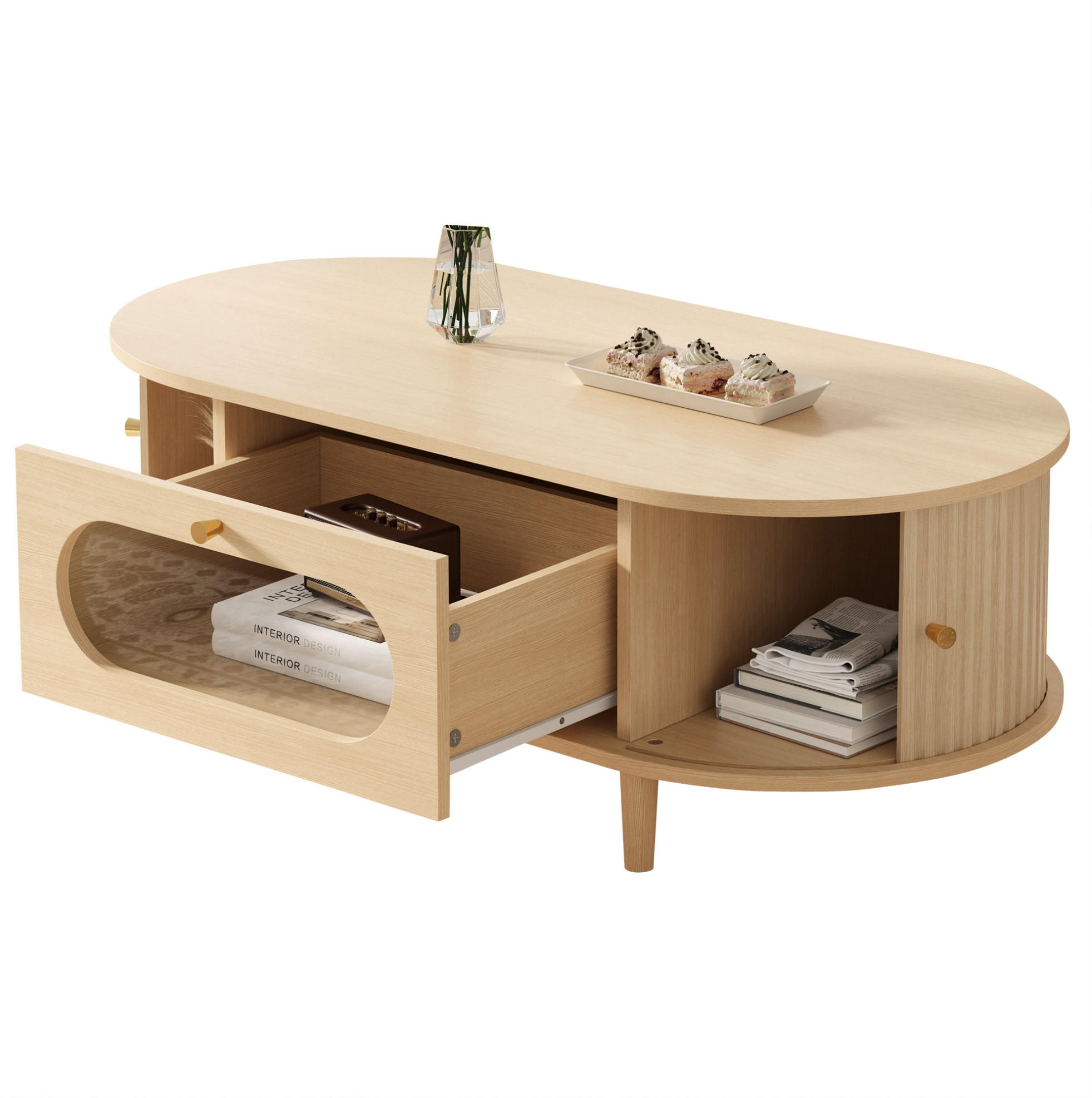 KONFERENČNÍ stolek z MDF 100x50x36 cm dubová barva se zásuvkou, roletovými dvířky a skleněným čelem - barva dubu, kompozitní dřevo (100/50/36cm) - Modfu