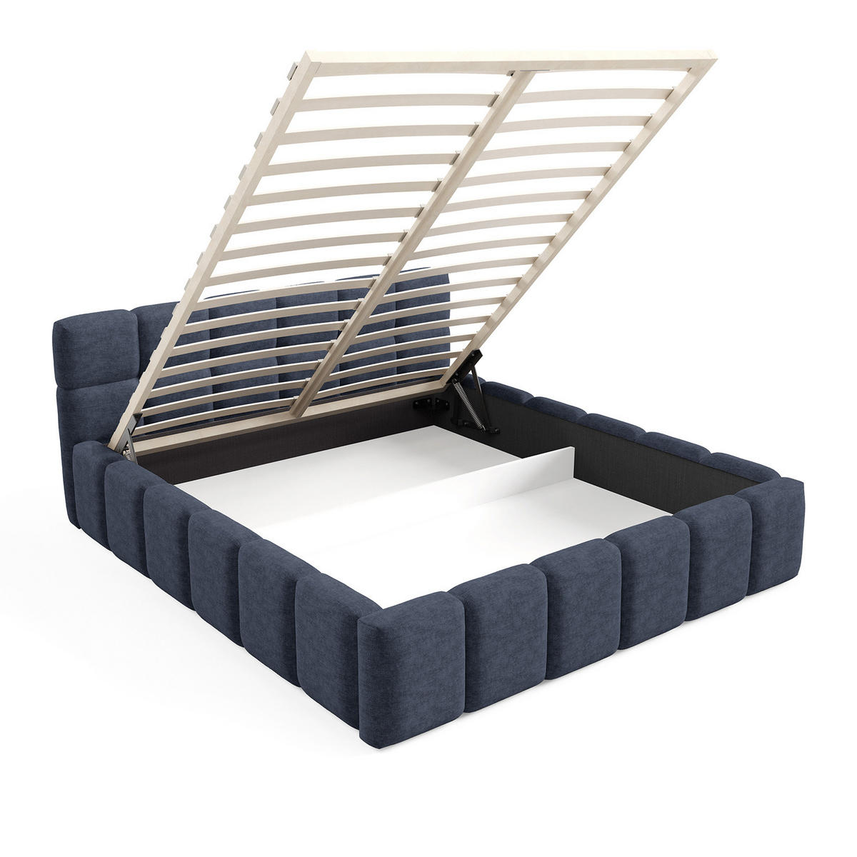 POLSTERBETT NUBO Medium 140x200 cm mit Bettkasten – PERFECT HARMONY 77 - Dunkelblau, Holz - Dekori_Interiors