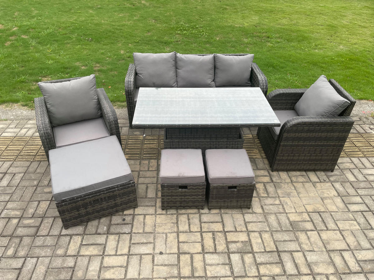GARTENMÖBEL-SET HÖHENVERSTELLBARER ESSTISCH LOUNGE SOFA Polyrattan Outdoor 8-Sitzer - Dunkelgrau/Grau, Glas/Kunststoff - Fimous